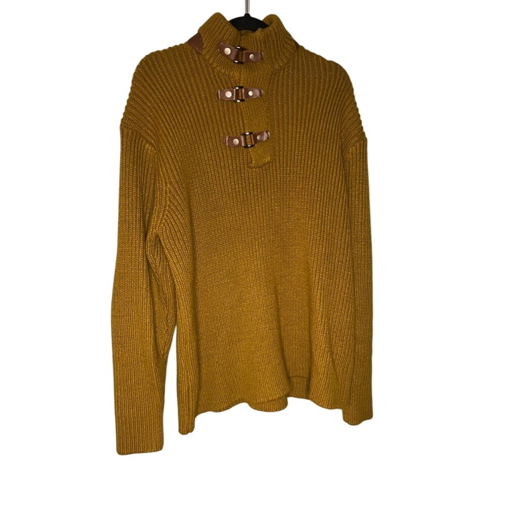 LaVane New York mustard yellow wool leather elbow patch sweater